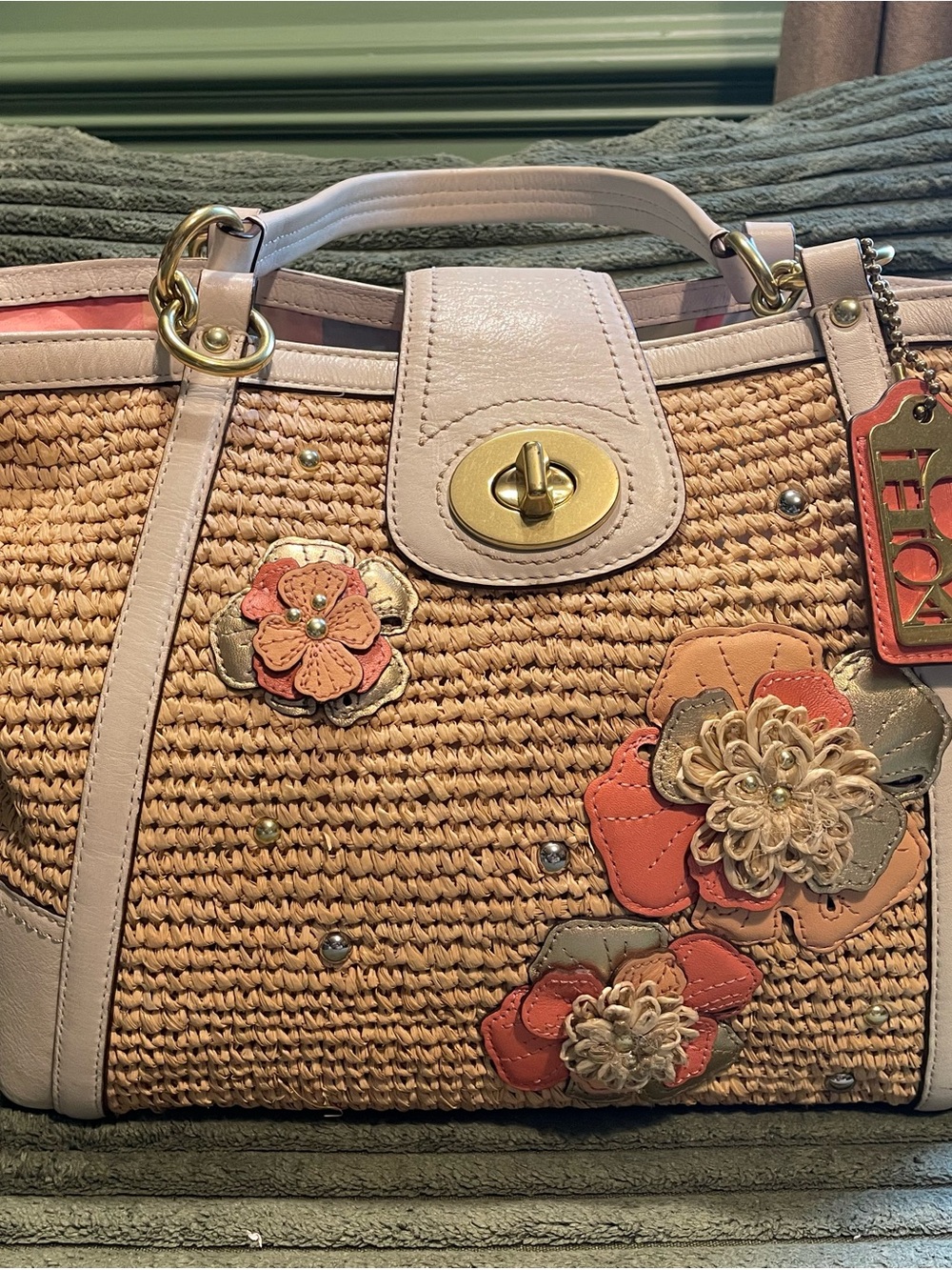 Coach Straw Shoulder Tote with Pink Trim & Floral Appliqués